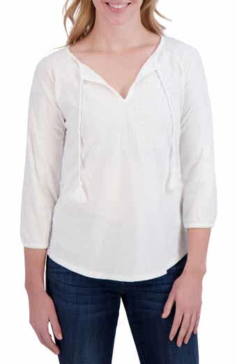 Lucky Brand Tassel Tie Embroidered Cotton Top