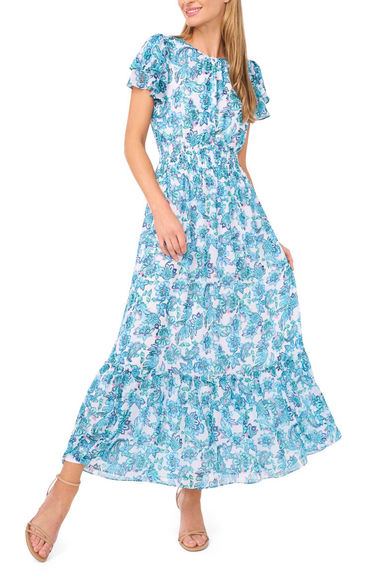 Floral Print Ruffle Maxi Dress, Main, color, ULTRA WHITE