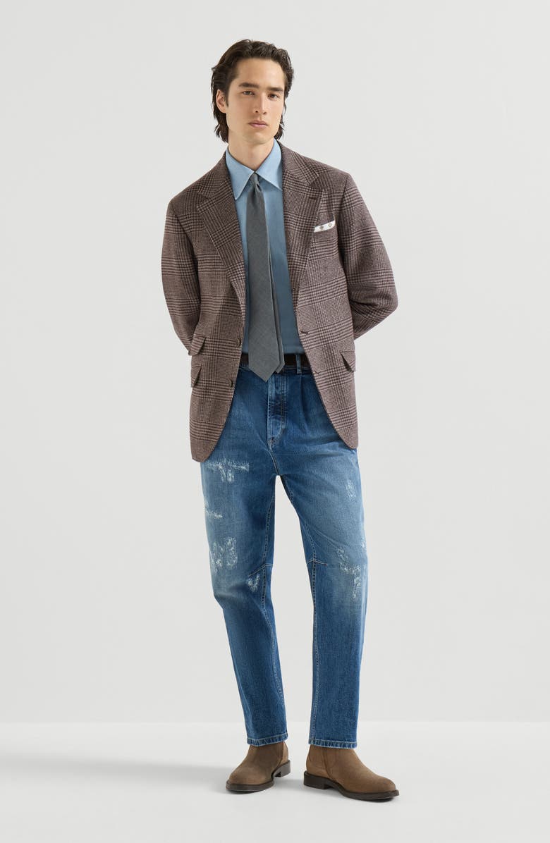 Brunello Cucinelli Comfort cotton denim iconic fit five-pocket trousers with double pleats and rips, Alternate, color, Medium Denim