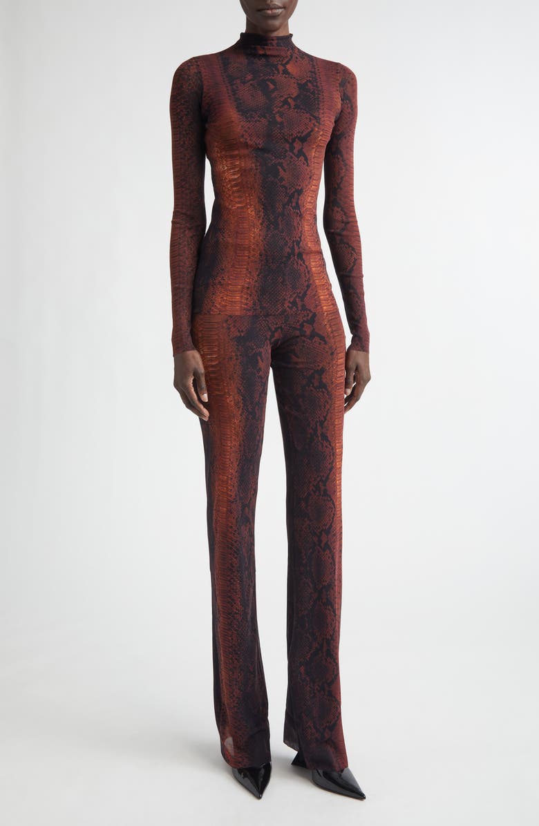 Jean Paul Gaultier Snakeskin Print Mesh Flare Pants, Alternate, color, Brown/ Black