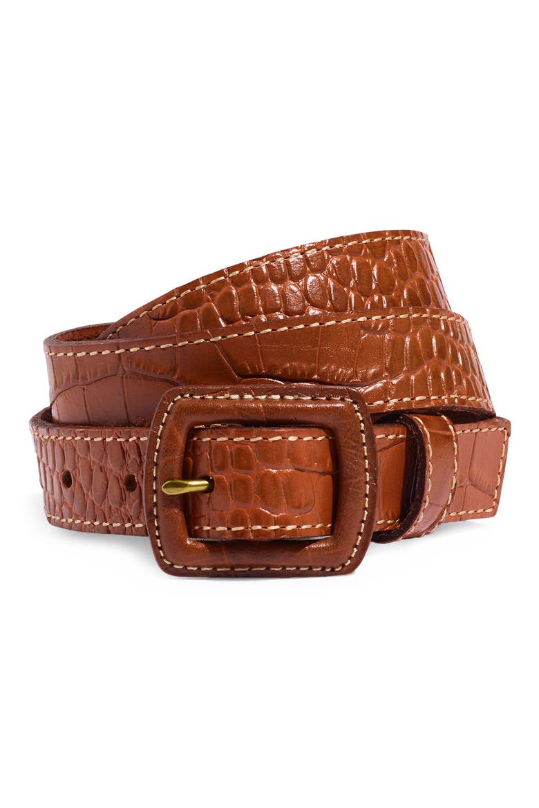 Croc Embossed Covered Buckle Leather Belt, Main, color, PECAN