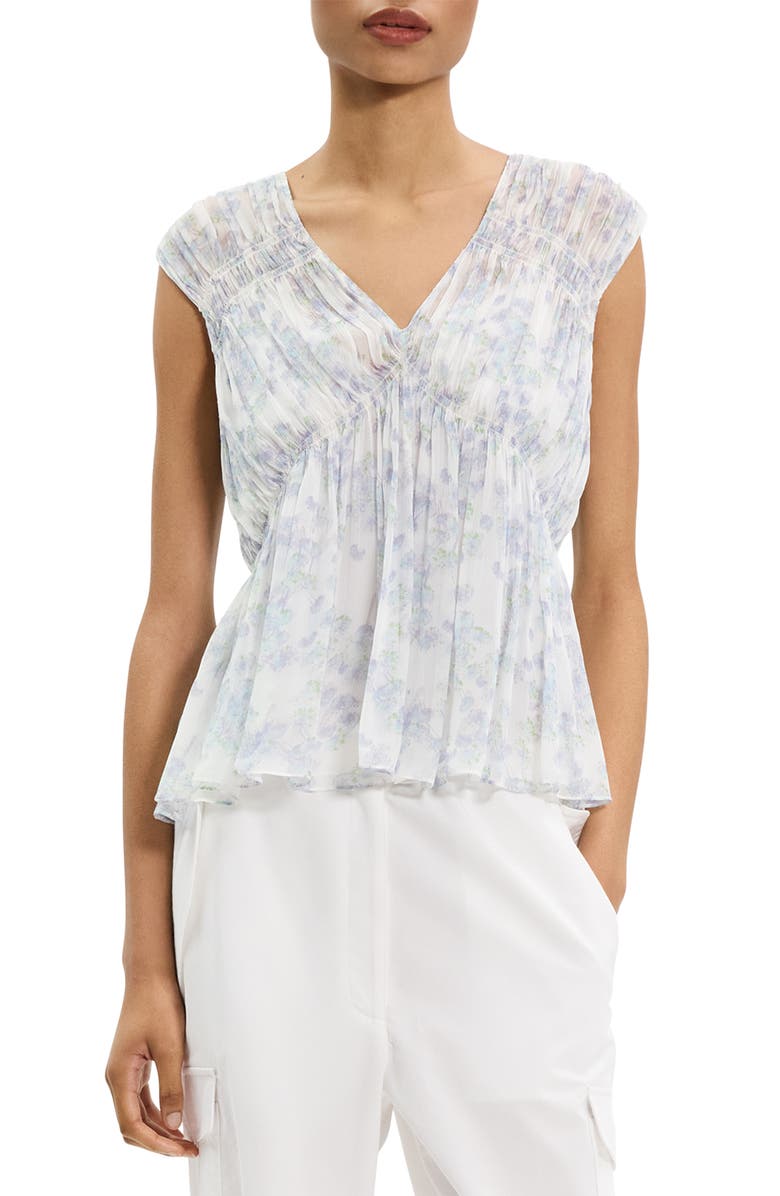 Theory Ruched Floral Sleeveless Silk Top, Main, color, White Multi