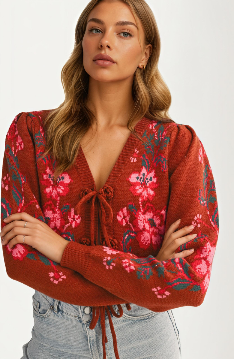 Knit and Lounge Floral Knit Tie Front Cardigan, Alternate, color, Rust / Pink Floral