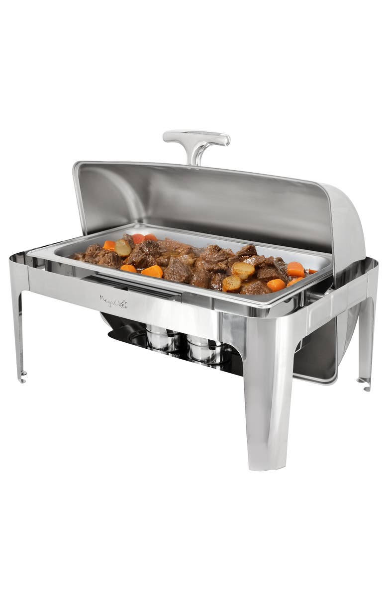 Megachef 9.5 Quart Oblong Roll Top Stainless Steel Professional Chafing Dish/Food Warmer/Buffet Server Serving Trays, Main, color, Silver
