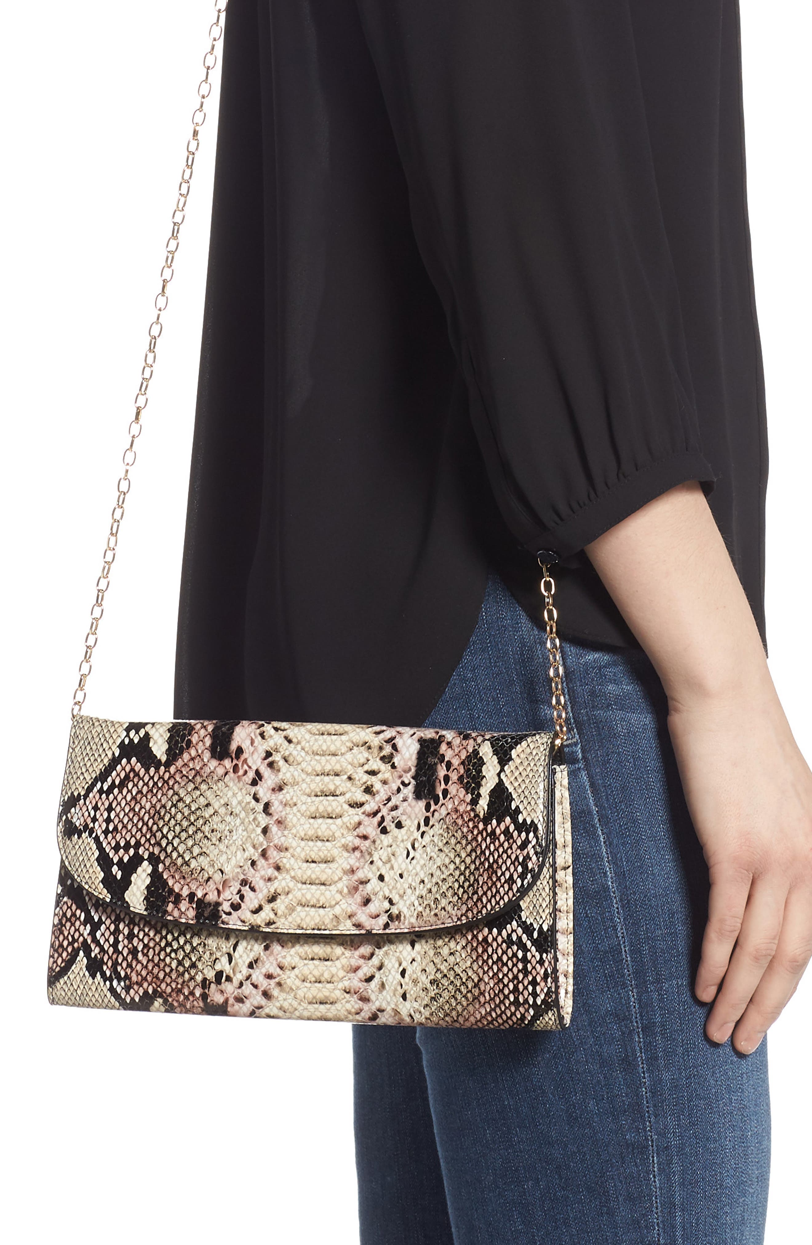 Snakeskin Embossed Leather Clutch, Alternate, color, LAVENDAR SNAKE
