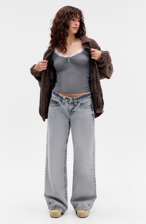 Bdg Urban Outfitters Diana Lace Trim Crop Rib Knit Henley In Gray
