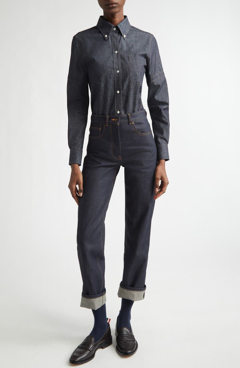 Thom Browne Denim Button-Down Shirt, Alternate, color, Navy