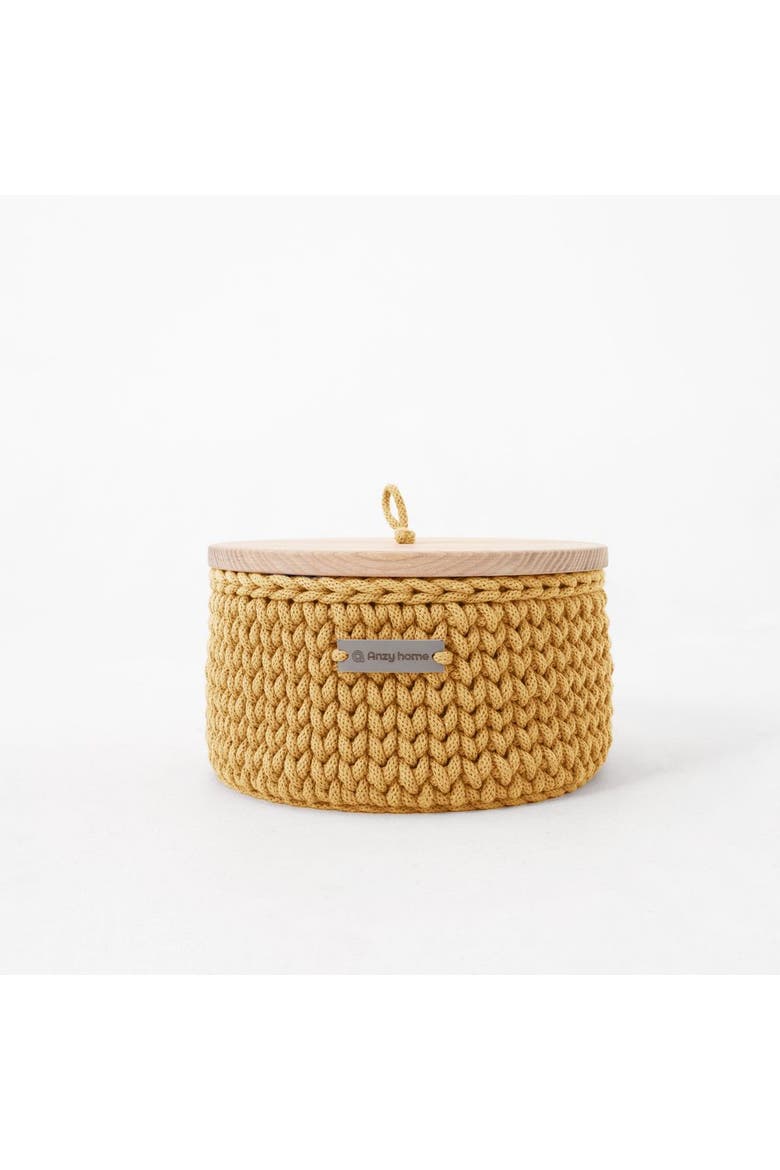 Round Storage Baskets w/ Wooden Lid Recycled - Set of 3, Alternate, color, Mustard Cord