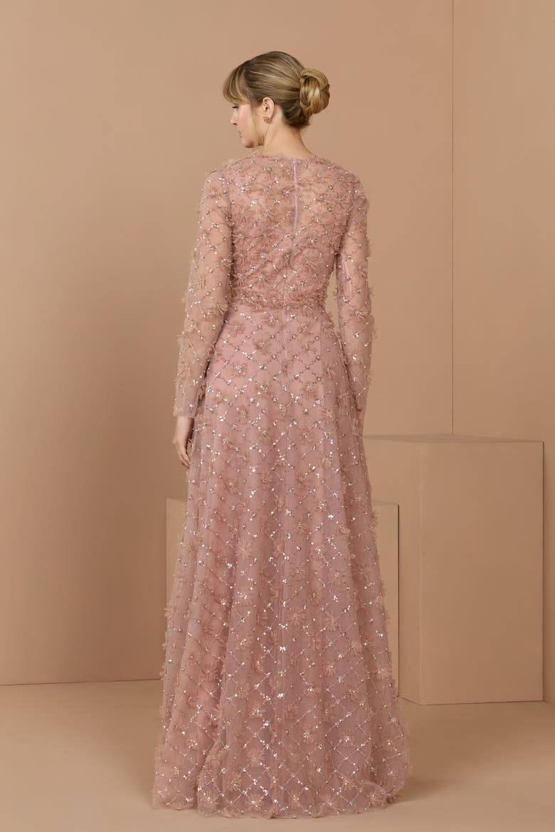 High Neck Long Sleeve Floral Embellished A-Line Gown, Alternate, color, Mocha