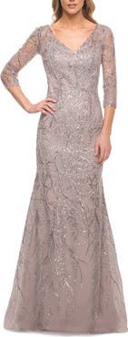 La Femme Stunning Lace Beaded Gown with Illusion Sleeves
