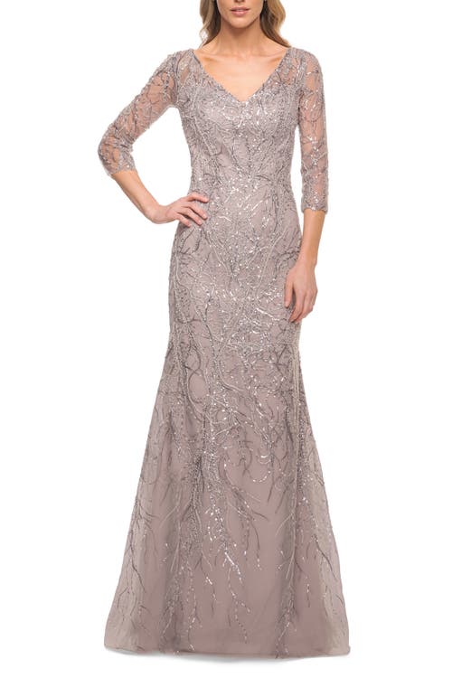 La Femme Stunning Lace Beaded Gown With Illusion Sleeves