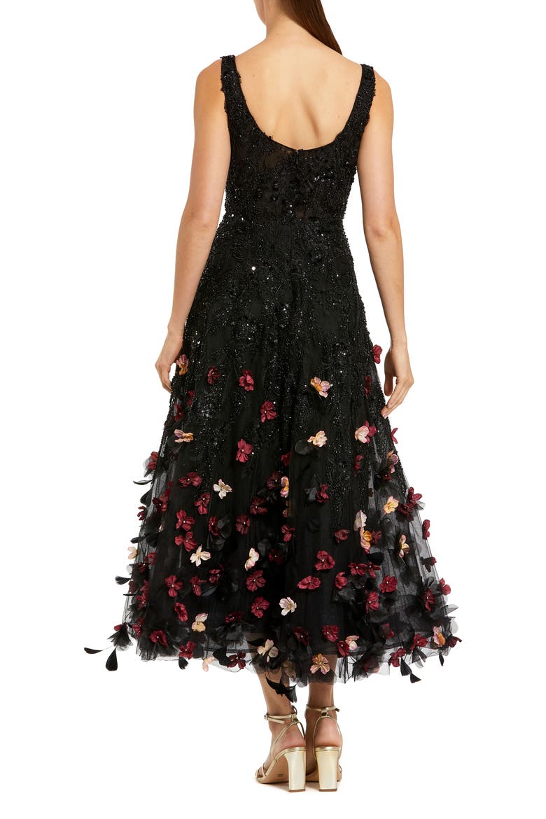 Petite Sleeveless Beaded Midi Dress With 3D Flowers, Alternate, color, Black Multi