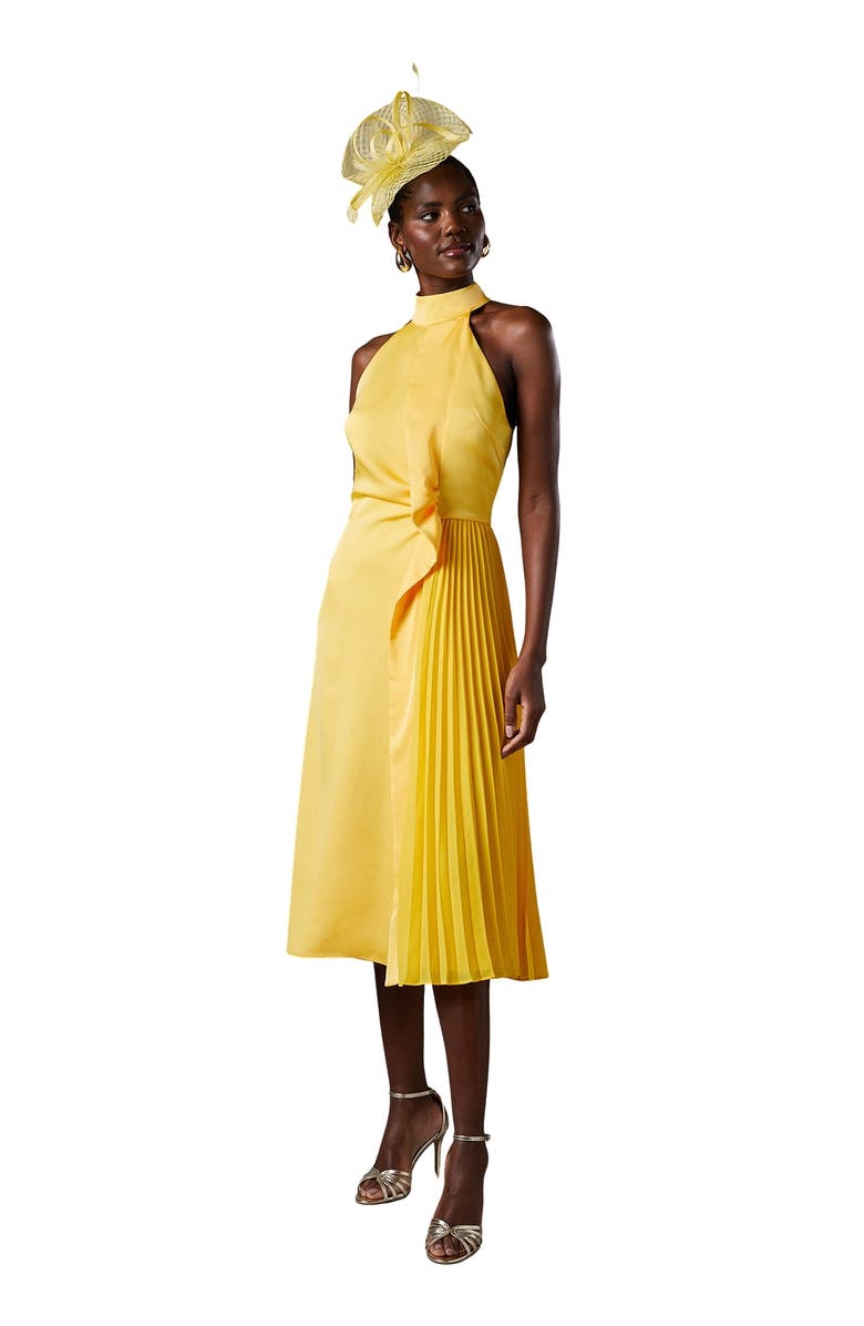 Coast Halter Pleated Asymmetric Hem Midi Dress, Main, color, Yellow
