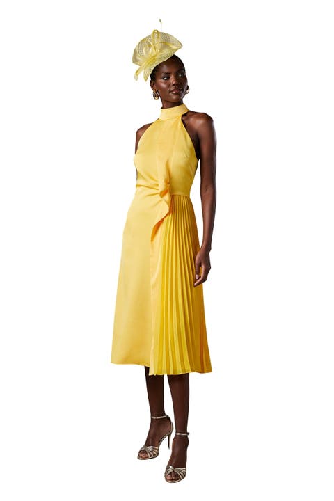 Halter Pleated Asymmetric Hem Midi Dress