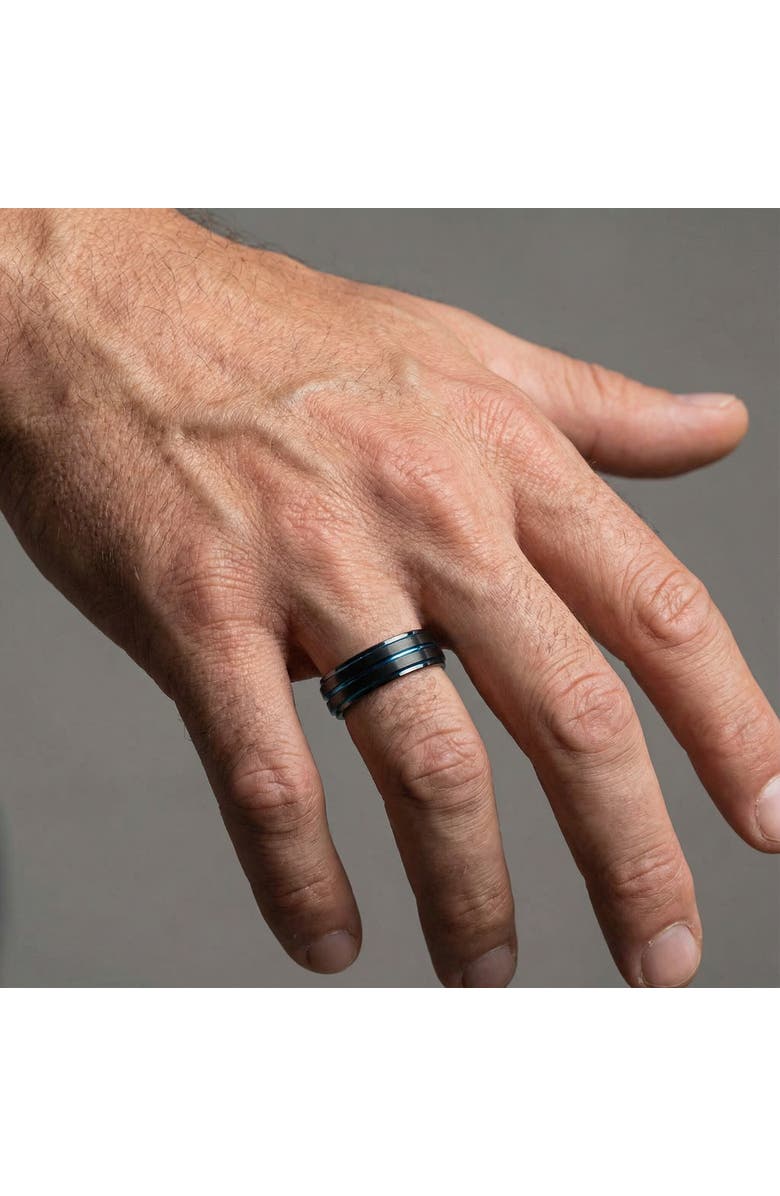 Bliss Diamond Men's Black & Blue Tungsten Ring Brushed Beveled Step Cut Wedding Band, Alternate, color, Black Tungsten