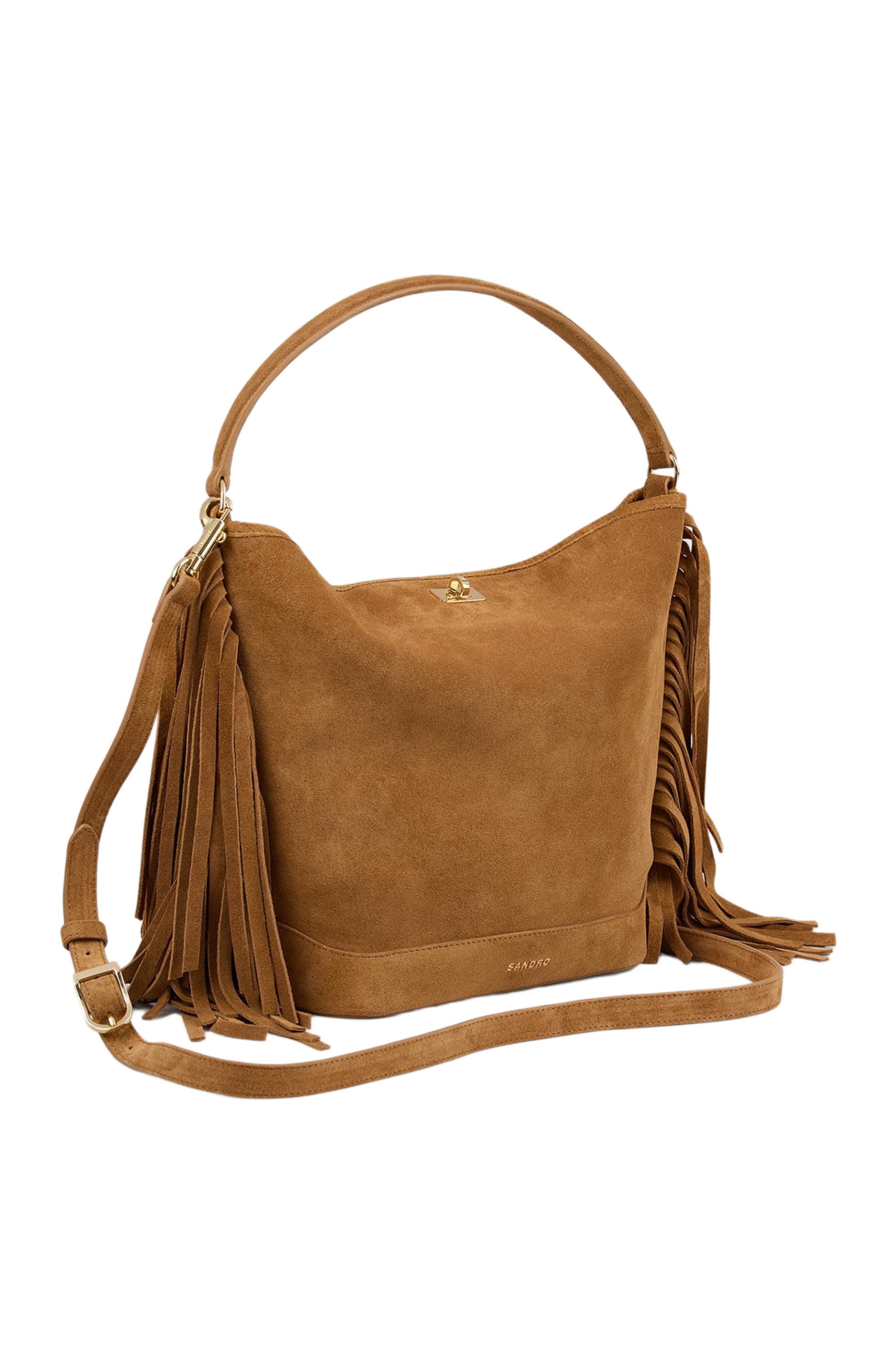 SANDRO TANGOSO fringed suede bucket bag, Alternate, color, Camel