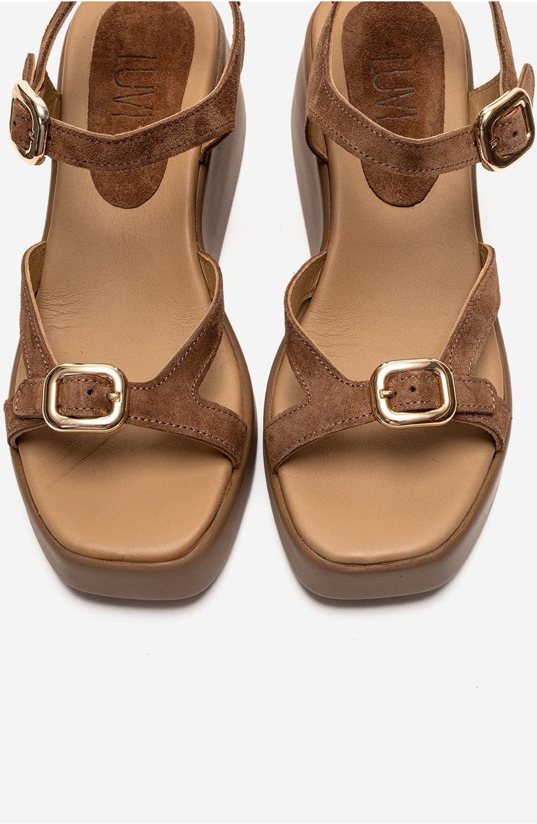 Forever & Always Shoes Kalia Leather Wedge Sandal, Alternate, color, Cognac Suede