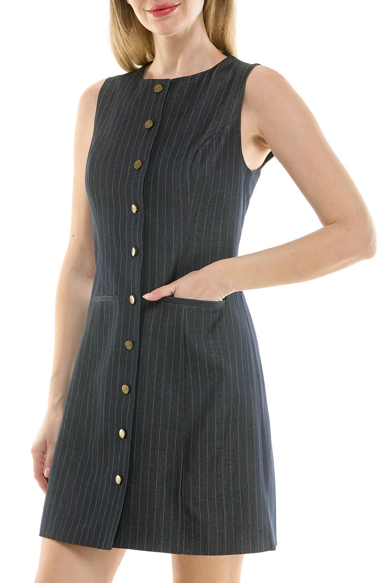 Nicole Miller Pinstripe Sleeveless Shift Dress, Alternate, color, Vintage Blue / Khaki