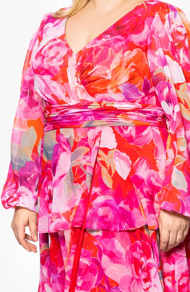 Xscape Evenings Floral Long Sleeve Tiered Ruffle Gown, Alternate, color,