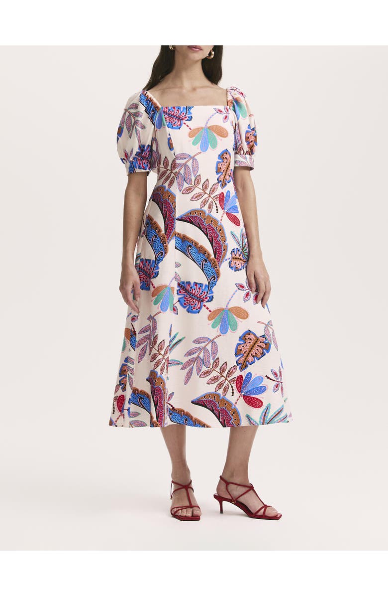 Finery London Daisy Square Neck Midi Dress, Alternate, color, Cream Leaves