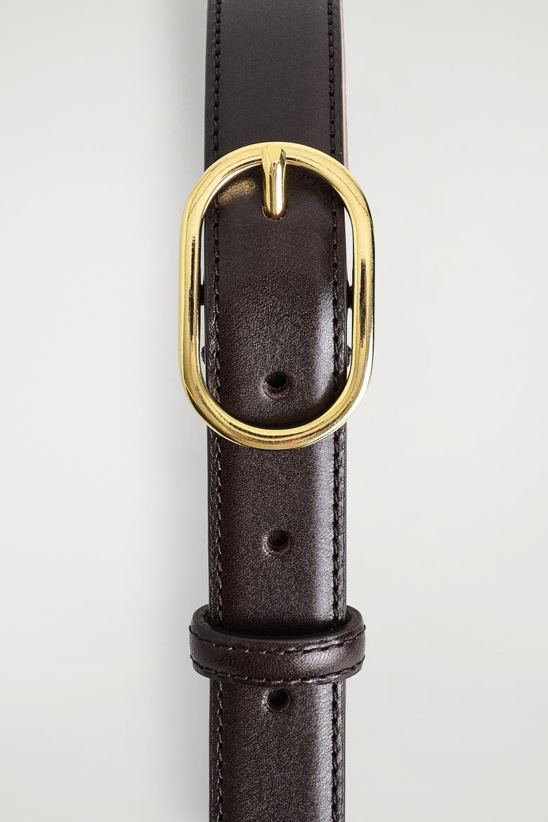 Oval-buckle Leather Belt, Alternate, color, BROWN / GOLD