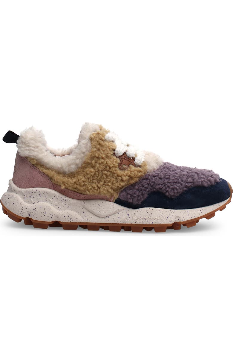 Flower MOUNTAIN Pampas Teddy Faux Shearling Sneaker, Main, color, Navy-Lilac -Beige