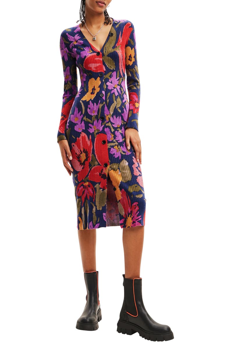 Desigual Delaware Floral Print Long Sleeve Knit Dress, Main, color, 