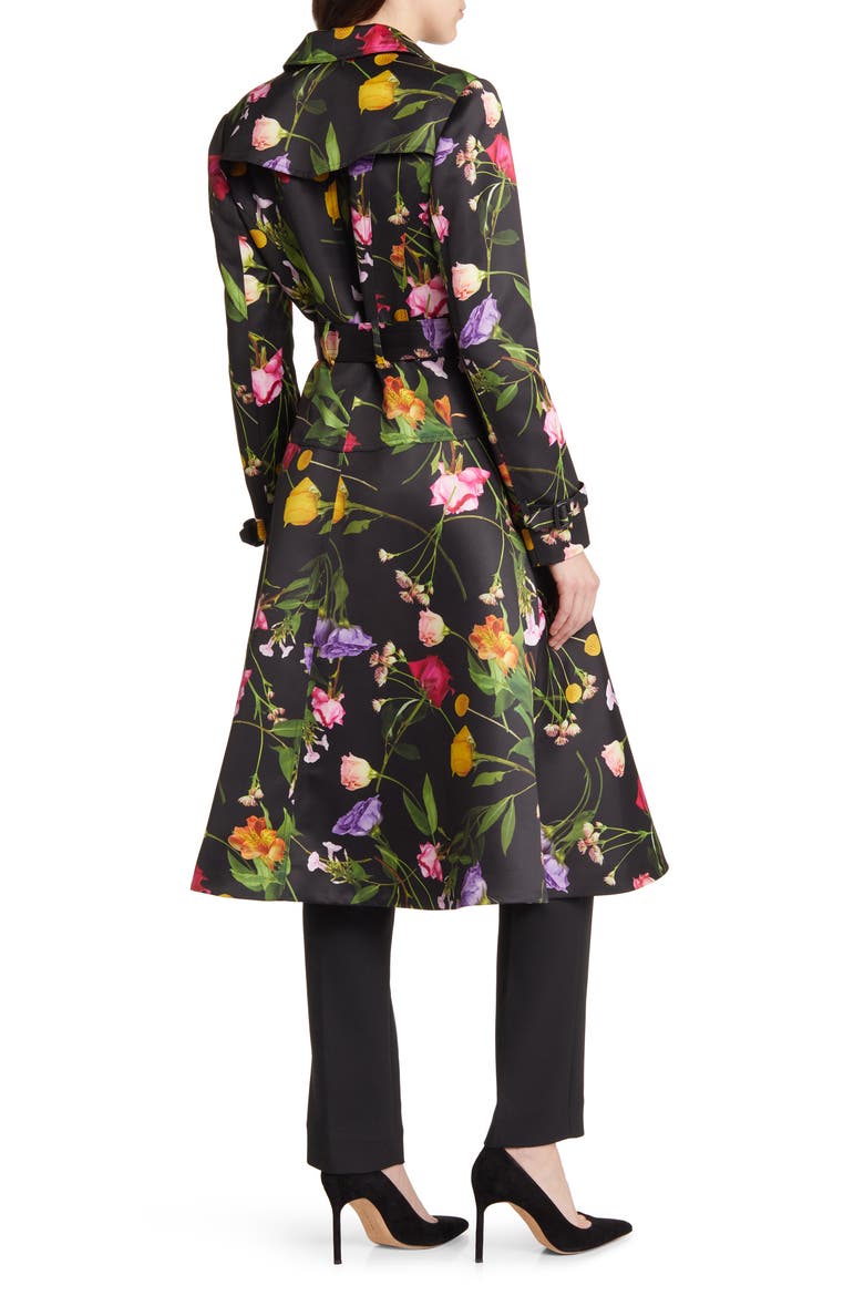 Moiraa Floral Double Breasted Trench Coat, Alternate, color, BLACK