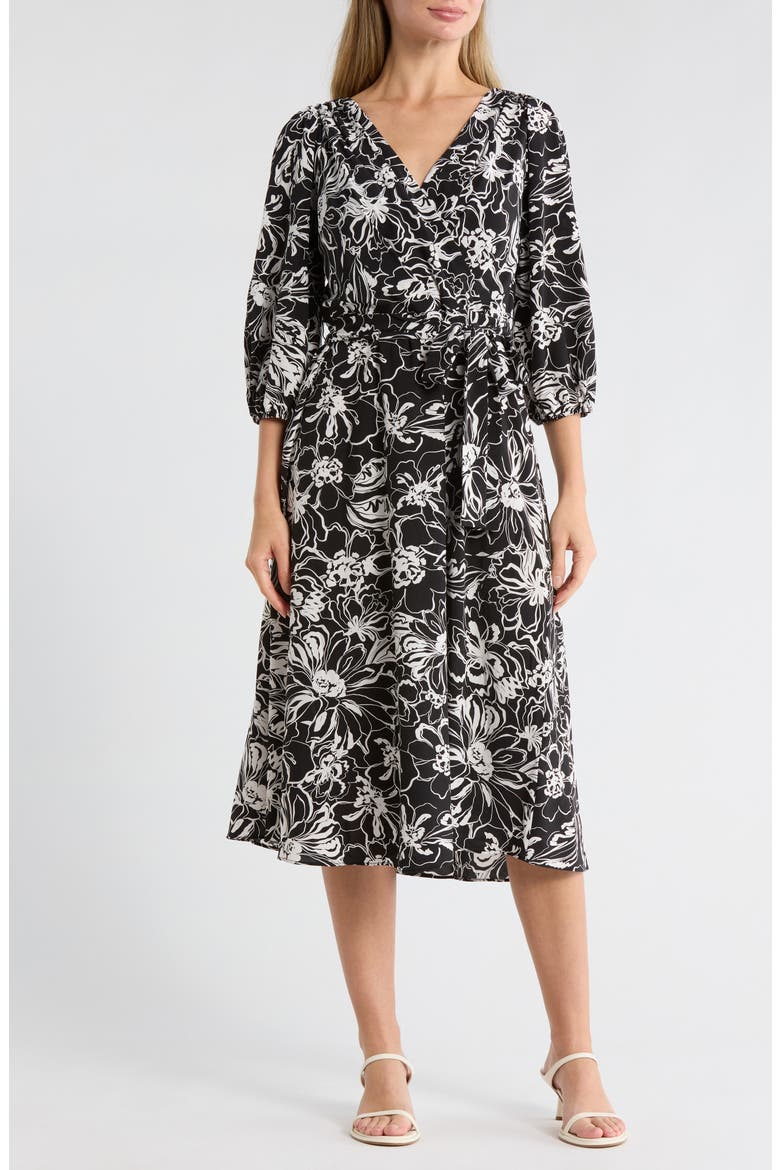 DKNY Surplice Three-Quarter Balloon Sleeve Midi Dress (Women