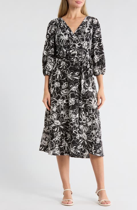 Surplice Three-Quarter Balloon Sleeve Midi Dress