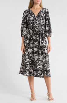 DKNY Surplice Three-Quarter Balloon Sleeve Midi Dress