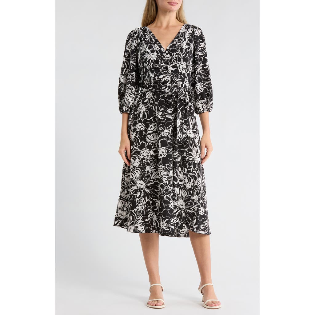 DKNY Surplice Three-Quarter Balloon Sleeve Midi Dress in Caf Floral- Black/Ivory at Nordstrom Rack, Size 10