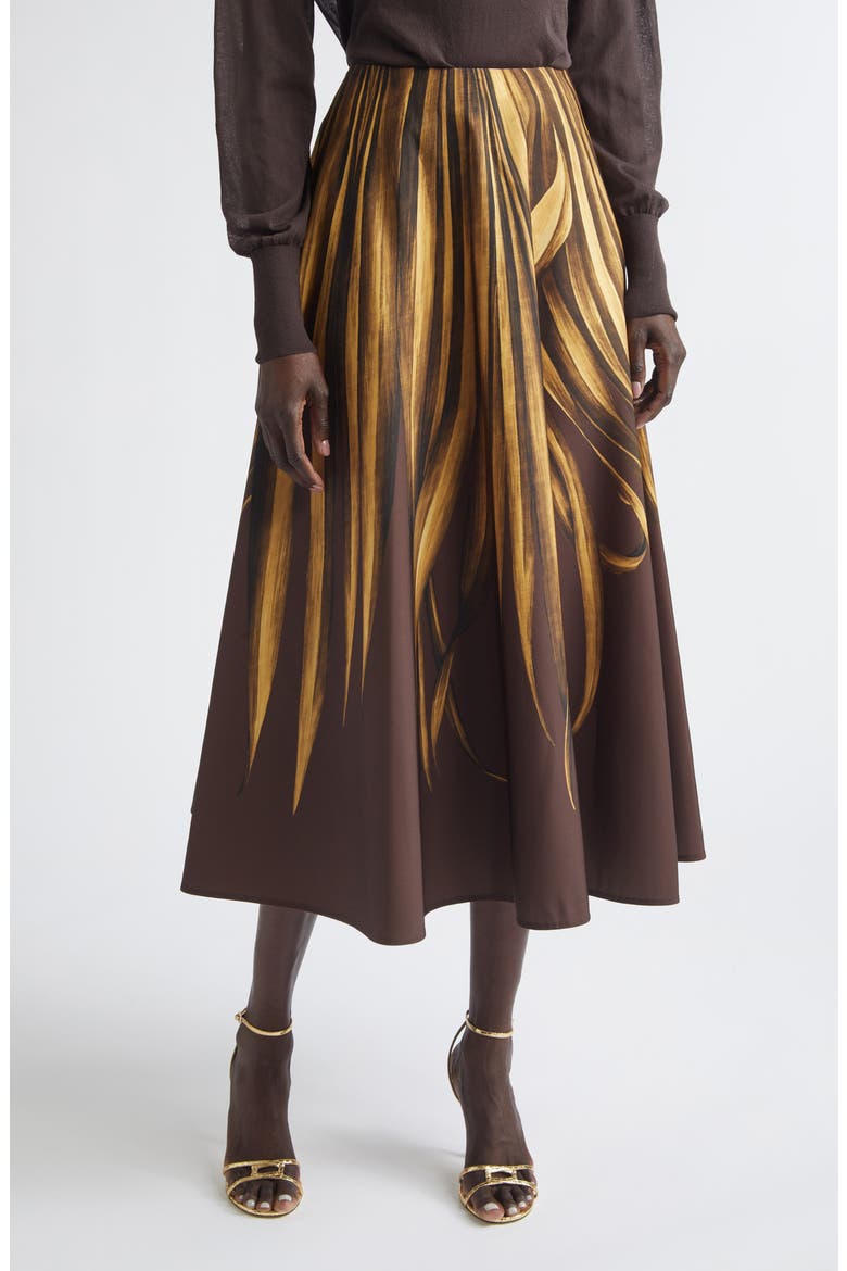 Palm Leaves Print Faille Circle Skirt, Main, color, BROWN/ BROWN