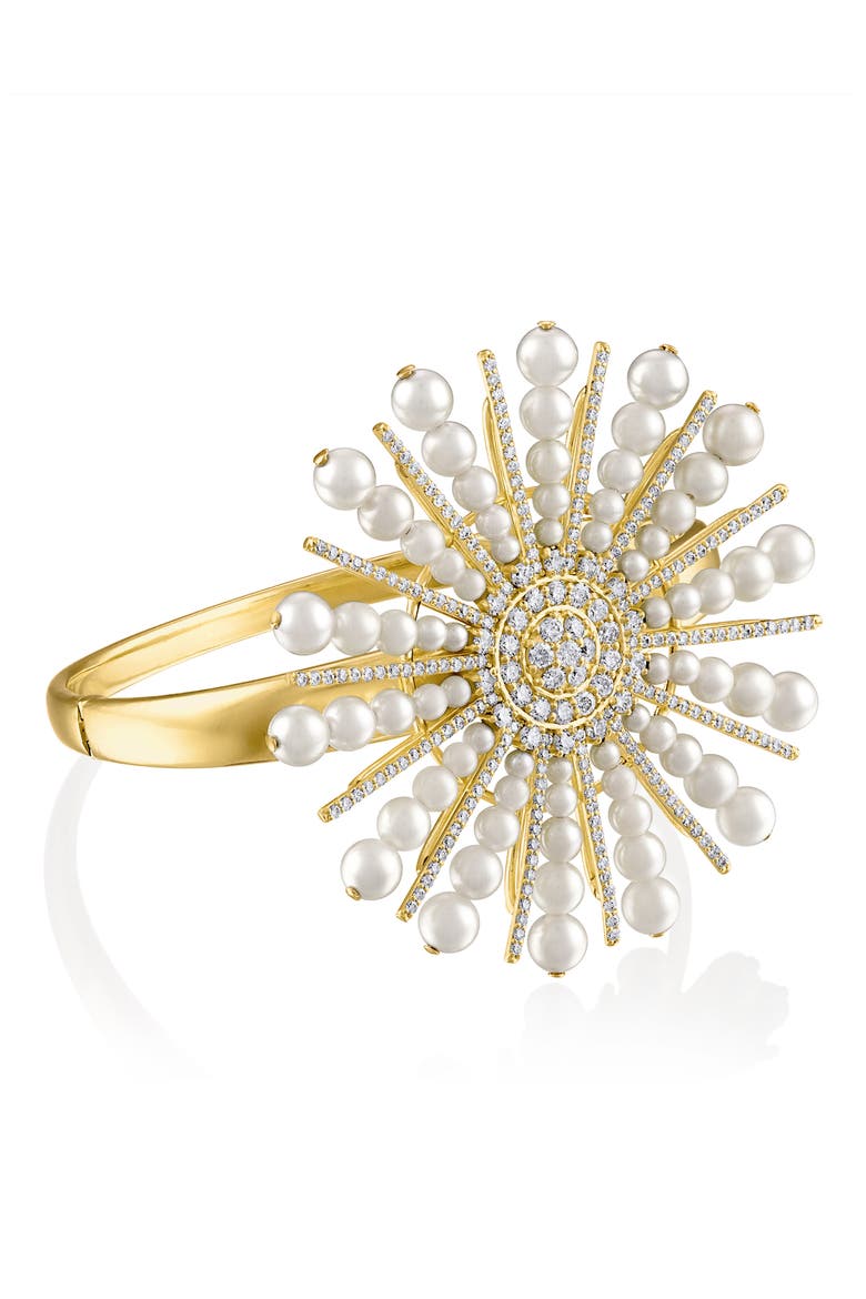 Akoya Pearl & Diamond Spoke Bangle, Main, color, PEARL/ DIA/ 18K