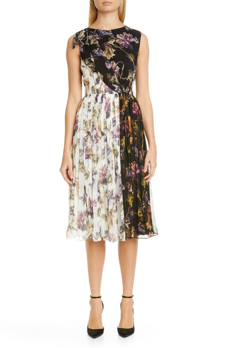 Jason Wu Collection Floral Print Colorblock Crinkle Silk Chiffon Dress, Main, color, 
