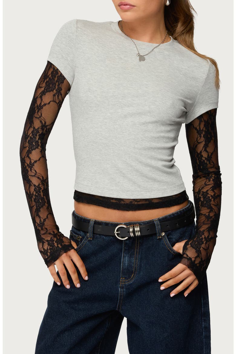 Layered Lace Sleeve T-Shirt, Main, color, GRAY-MELANGE