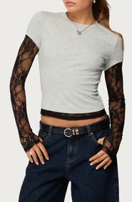 EDIKTED Layered Lace Sleeve T-Shirt