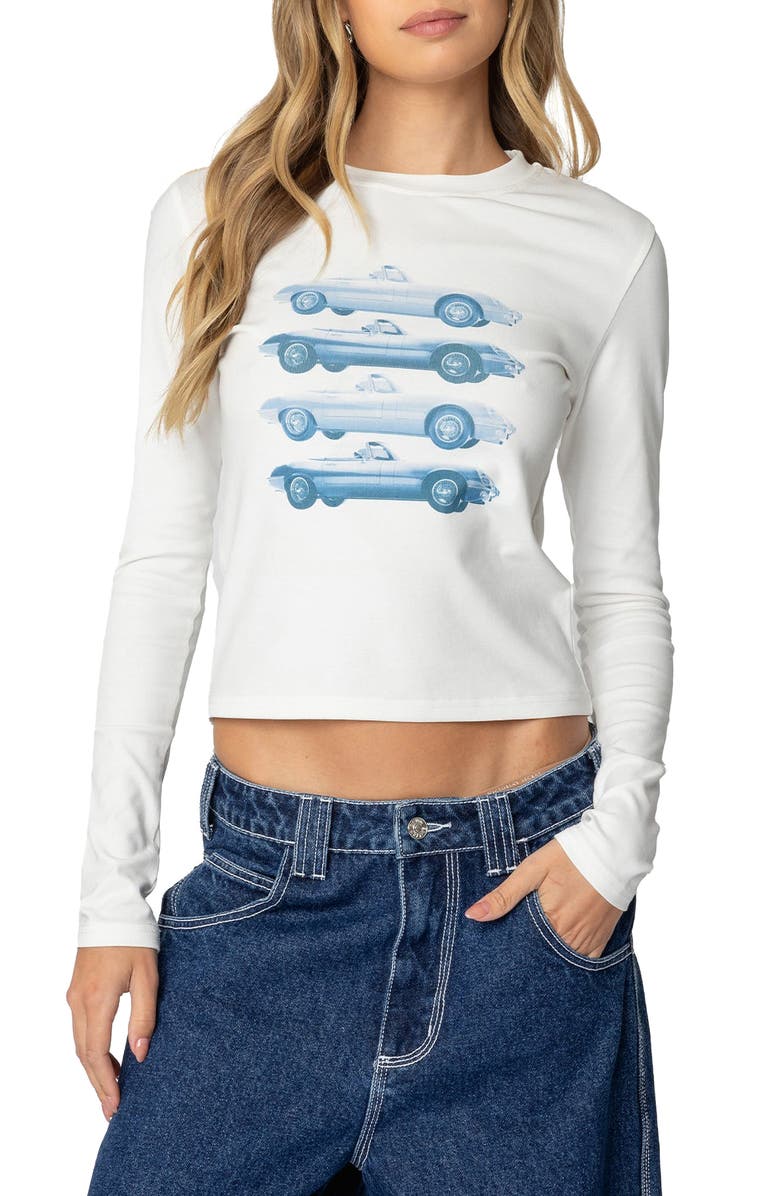 EDIKTED Car Club Long Sleeve Graphic T-Shirt, Main, color, White