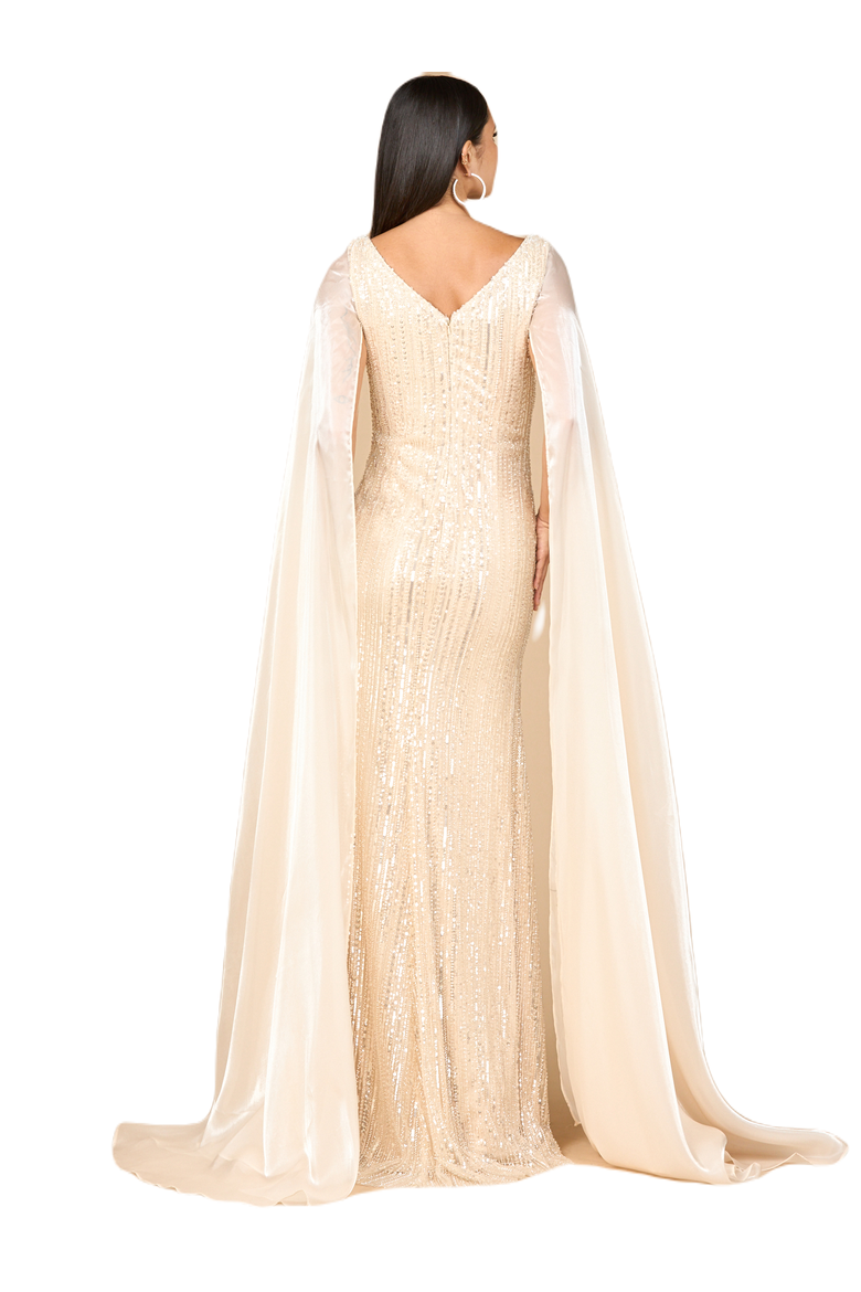 Beaded Gown with Satin Cape Sleeves, Alternate, color, Champagne