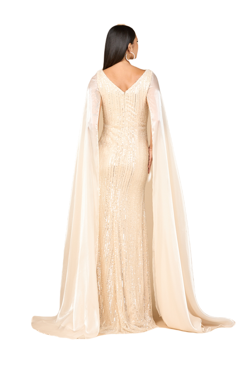 LARA New York Beaded Gown with Satin Cape Sleeves, Alternate, color, Champagne