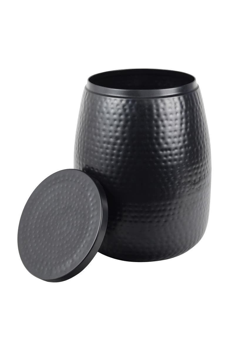 HAPPIMESS Merida Modern Rustic Hammered Metal Drum Storage Side Table with Lid, Main, color, Matte Black