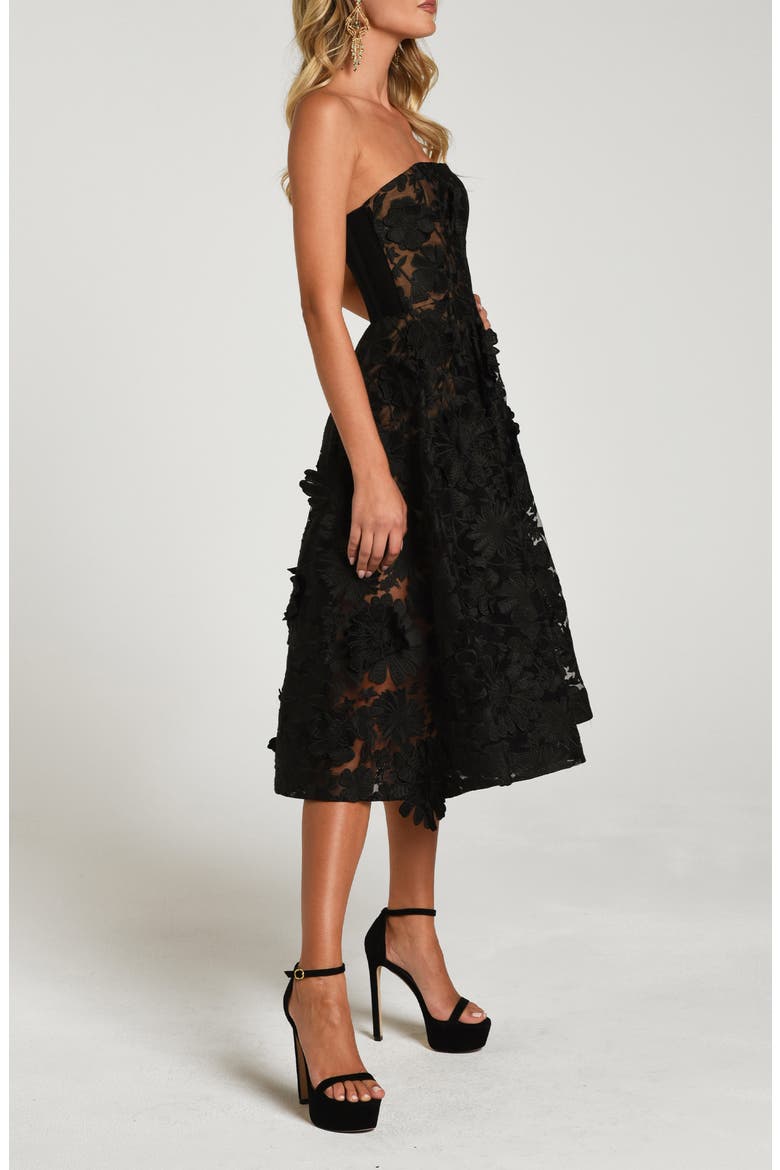 Florence Floral Appliqué Strapless Midi Dress, Alternate, color, BLACK