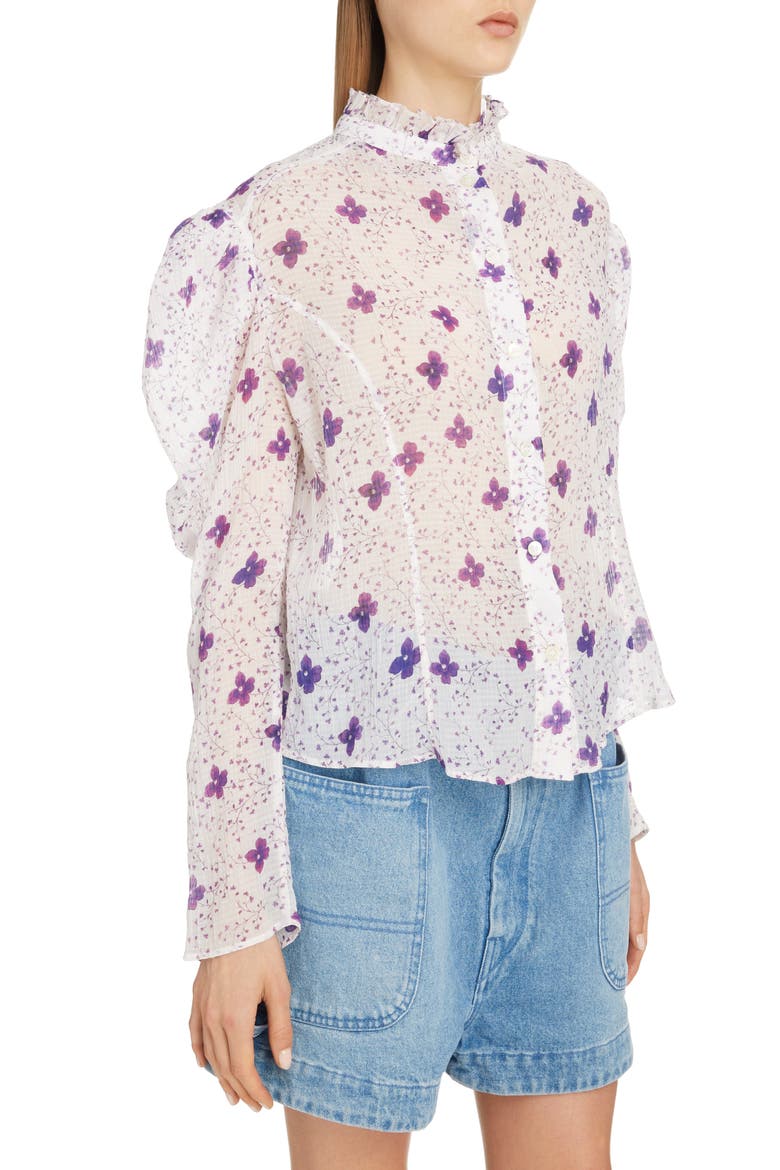 Floral Puff Shoulder Cotton & Silk Blouse, Alternate, color, WHITE