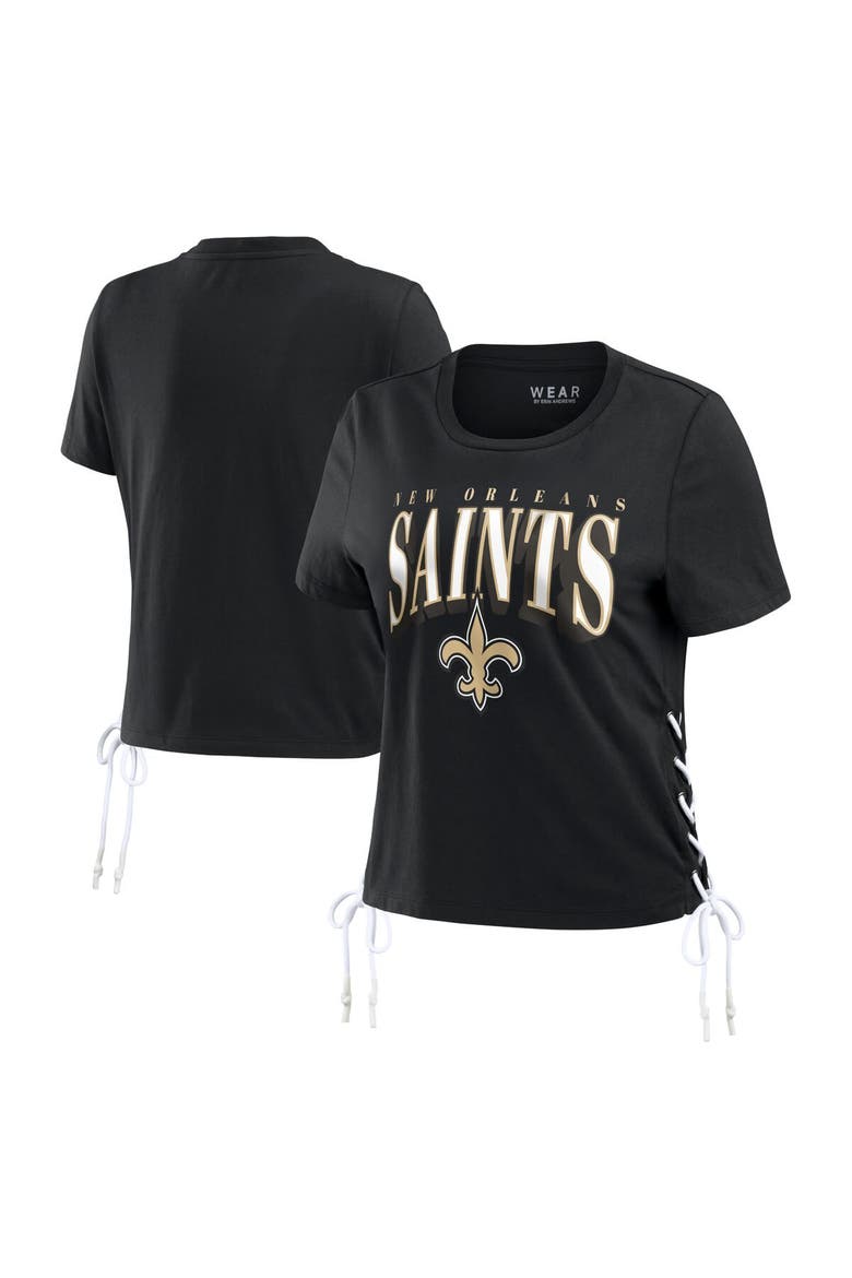 Women's WEAR by Erin Andrews Black New Orleans Saints Lace Up Side Modest Cropped T-Shirt, Main, color, Black