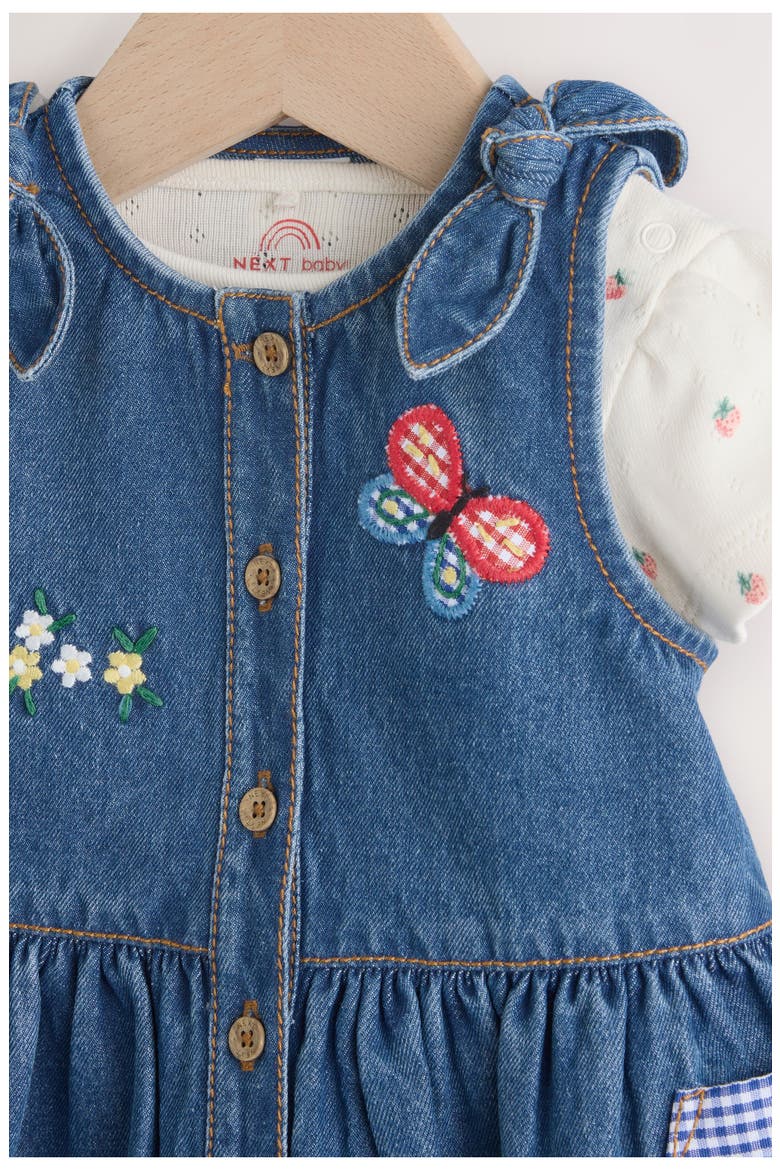 Embroidered Denim Dress & Strawberry Bodysuit Set, Alternate, color, BLUE
