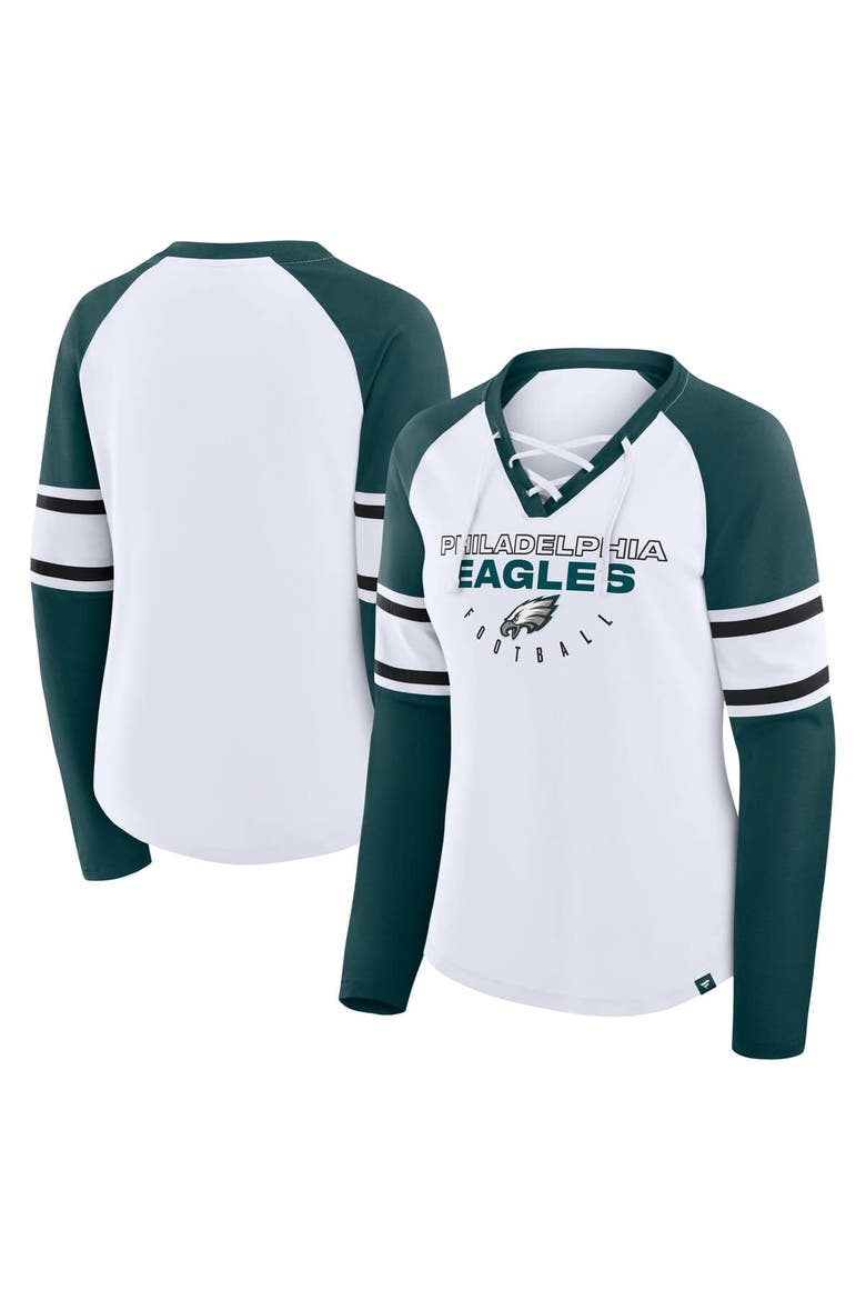 Women's Fanatics White/Green Philadelphia Eagles Redzone Blitz Package Raglan Lace-Up V-Neck Long Sleeve T-Shirt, Main, color, White