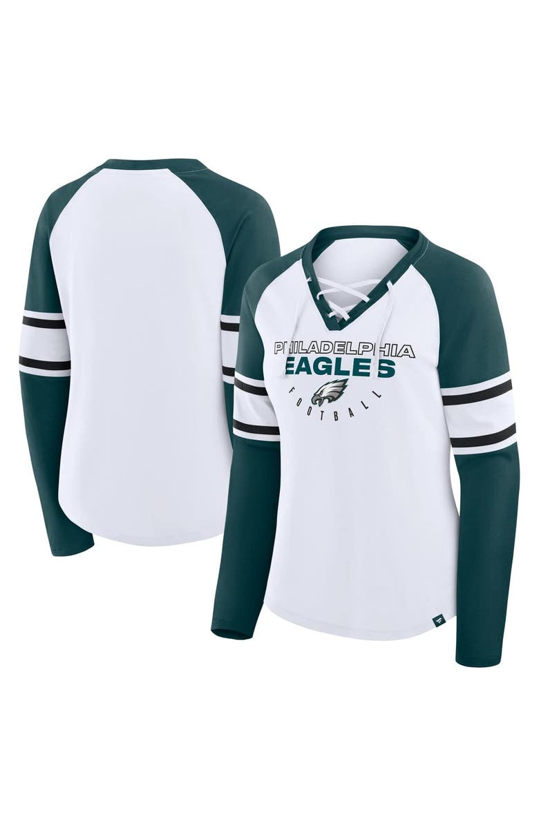 FANATICS Women's Fanatics White/Green Philadelphia Eagles Redzone Blitz Package Raglan Lace-Up V-Neck Long Sleeve T-Shirt, Main, color, White