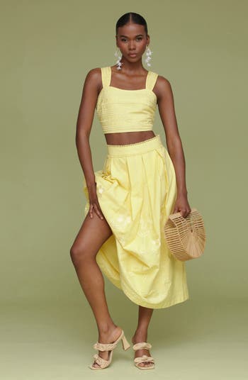 Floral Embroidered Pleated Cotton Midi Skirt