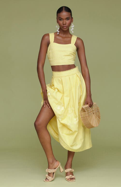 Shop Avec Les Filles Floral Embroidered Pleated Cotton Midi Skirt In Citron