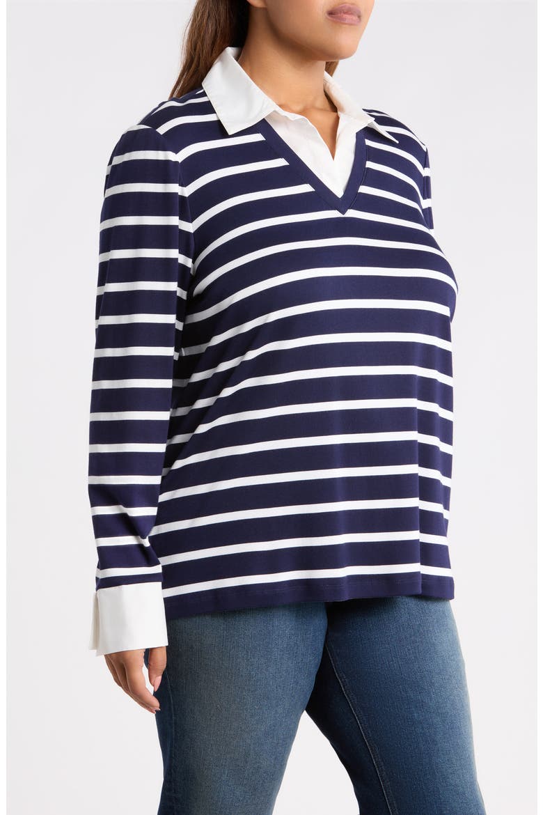 Striped Cotton V-Neck Top with Poplin Trim, Alternate, color, PACIFIC NAVY/ NATURAL WHITE